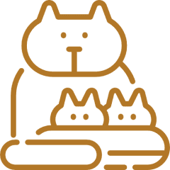Outline drawing of a cat with kittens.